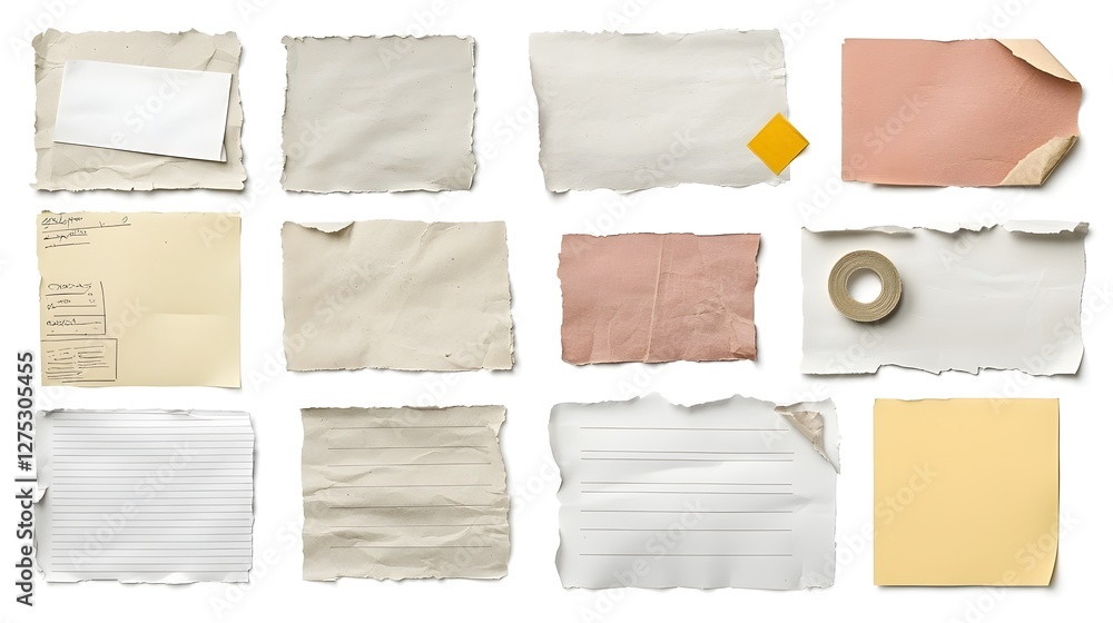Aufkleber stylized vintage note paper composition with textured torn edges and adhesive tape creating an elega