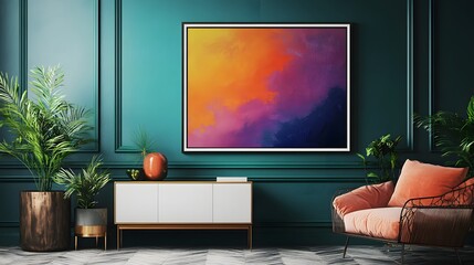 vibrant abstract sunset painting in modern teal room