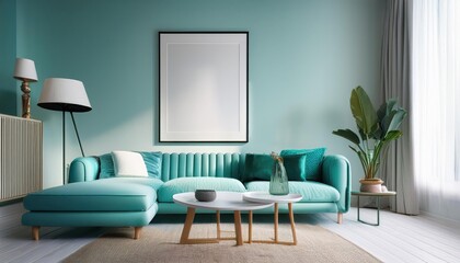 Contemporary Living Room Mockup in White and Light Turquoise Chic, Trendy, and Inviting, Showcasing Modern Artwork in a Spacious Apartment Setting