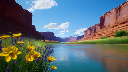 Naklejka premium Canyon river, wildflowers, sunny day, desert landscape, travel poster