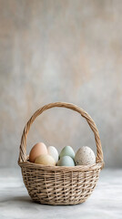 Wicker Basket Filled with Pastel-Colored Easter Eggs on Soft White Fabric Background