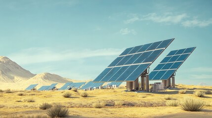 Solar Panels in Desert Landscape with Clear Blue Sky and Mountains