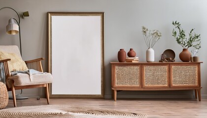 Vintage Elegance A Striking 3D Rendered Mockup of a Poster Frame Filled with Old Retro Furniture, Set Against a Warm and Cozy Home Interior