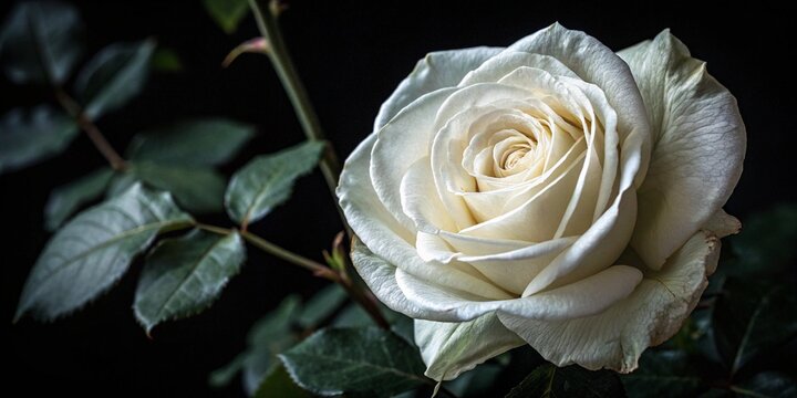 A pristine white rose surrounded by lush green foliage.