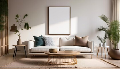 Stylish 3D Living Room Mockup Contemporary Decor, Minimalist Sofa, and Elegant Table Setting in a Cozy Home Interior