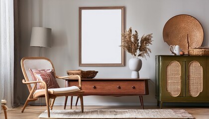 Vintage Retro Furniture in a 3D Mockup Interior Setting A Glimpse into a Timeless Nostalgia, Infusing Warm Tones and Textured Patterns in an OldWorld Charm.
