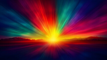 Obraz premium Colorful sunrise over landscape, vibrant rays, nature background, ideal for design