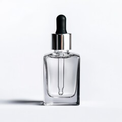 Naklejka premium Studio Shot of Clear Glass Dropper Bottle with Silver Cap on White Background