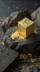 Golden Pyrite Cube Displayed on Dark Stone with Gold Dust and Beads