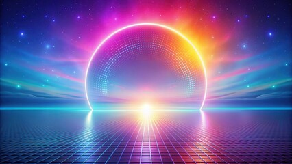 Futuristic Retro Cyberpunk Sunrise Glowing Halftone Circle Over Gridded Reflective Surface and Vibrant Sky