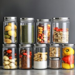 Ten Glass Jar Food Storage with Metal Lids on Grey Background