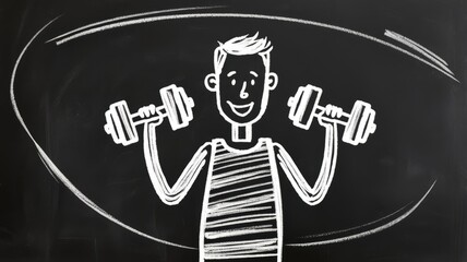 Chalk Drawing of a Smiling Person Weightlifting Dumbbells on a Blackboard