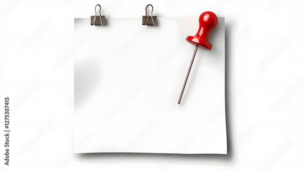 Poster blank white paper note secured with a red thumbtack isolated on a transparent background offering a 