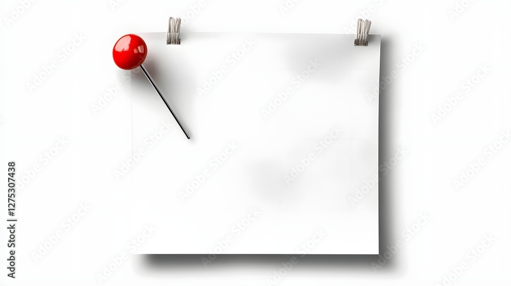 Poster blank office note paper held in place by a red thumbtack on a transparent background designed for us