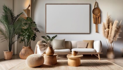 3D Modern Nomadic Home Interior Mockup Poster Frame in Vibrant Nomadic Background, Capturing the Spirit of Minimalist and Eclectic Design, Exuding a Sense of Wanderlust and Adventure.