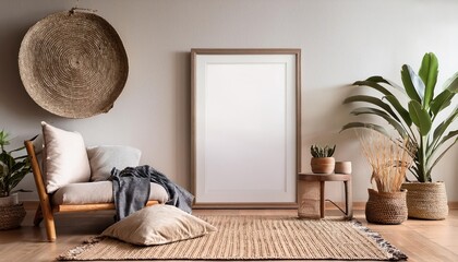 Modern Nomadic Living Stunning 3D Rendered Poster Frame Showcasing a Chic Minimalist Interior against a Backdrop of Vibrant, Bohemian Home Decor and Desert Inspired Elements, Invoking Wanderlust