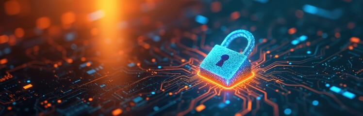 Glowing blue padlock icon on orange digital streams background cybersecurity in modern digital space. Encryption, network, online safety data protection in cyberspace, blockchain tech, NFT theme.