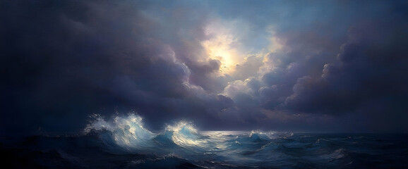 Obraz premium Dramatic ocean waves under stormy sky; sunlight breaks through clouds; peaceful background; perfect for travel/nature themes