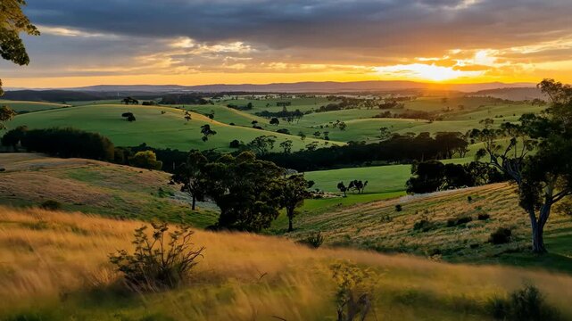 Stunning sunset over rural farmlands in Adelaide showcasing natural beauty and vibrant colors, Adelaide sunset landscape Rural farmlands and beautiful hills