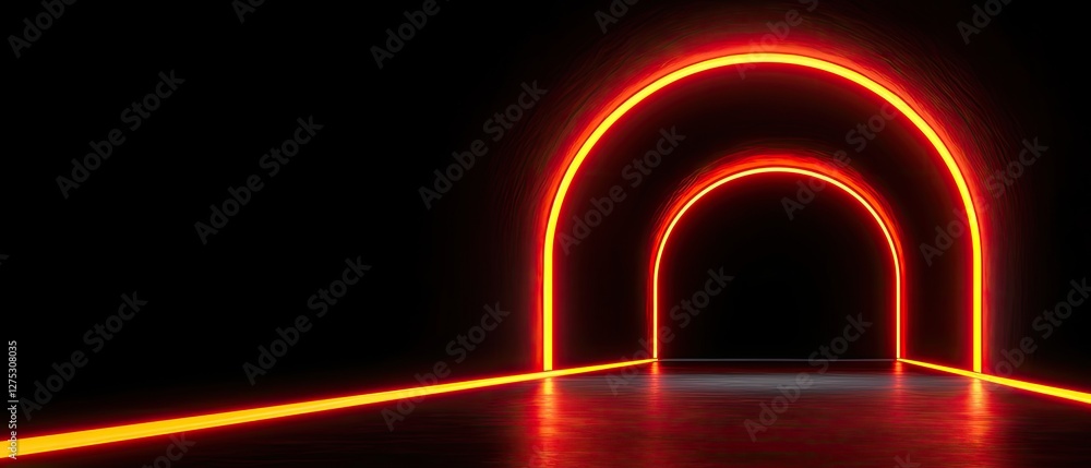 Poster a dark corridor illuminated by glowing orange arches, creating a futuristic and dynamic atmosphere.