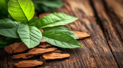 Fresh green leaves with aromatic bark on rustic wooden background