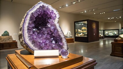 Large Polished Amethyst Geode Showcasing Deep Violet Crystals in Museum Display