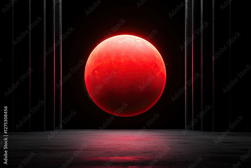 Poster a glowing red moon hovers in a dark setting, framed by vertical structures, creating a captivating, 