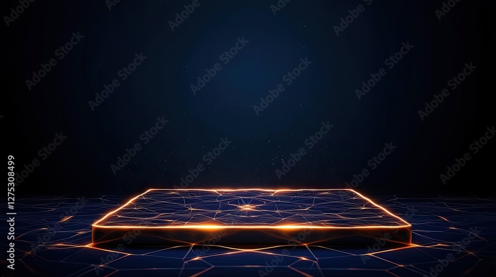 Poster a glowing, futuristic platform surrounded by a network of interconnected lines and nodes, set agains
