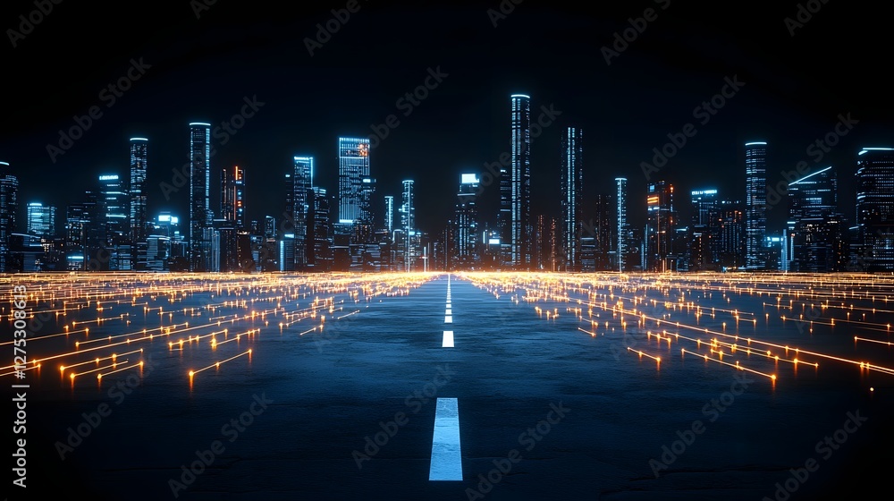Poster Futuristic virtual cityscape with luminous data streams pulsing through a network of towering skyscrapers symbolizing innovation connectivity and the tech driven future of urban development