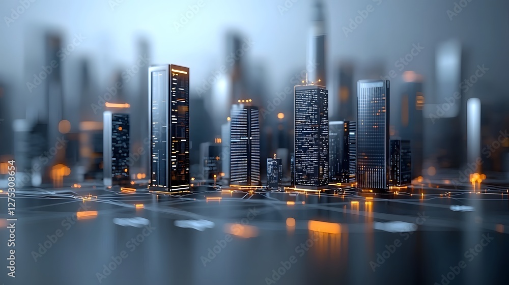Poster Luminous Digital Metropolis   Futuristic Cityscape with Glowing Data Streams Symbolizing Innovation Technology and Seamless Connectivity in the Urban Environment