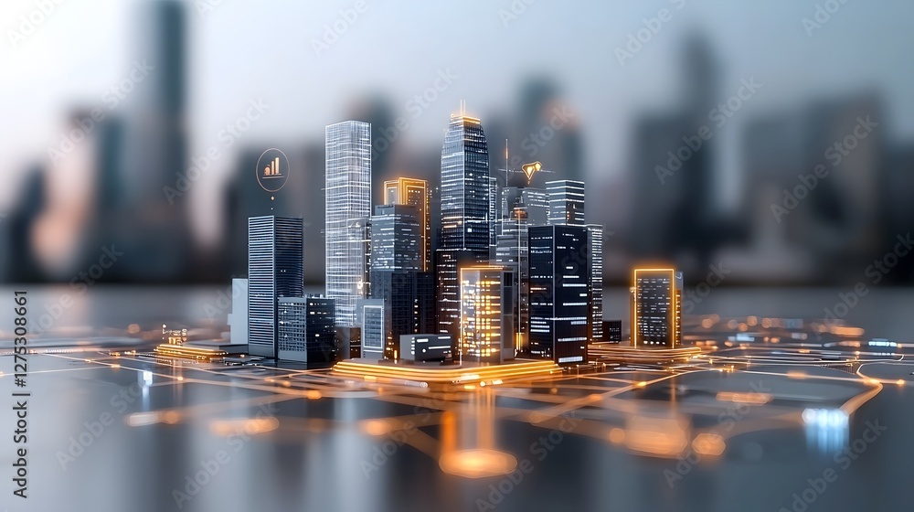 Poster a futuristic city skyline with sleek high rise buildings connected by luminous data streams symboliz