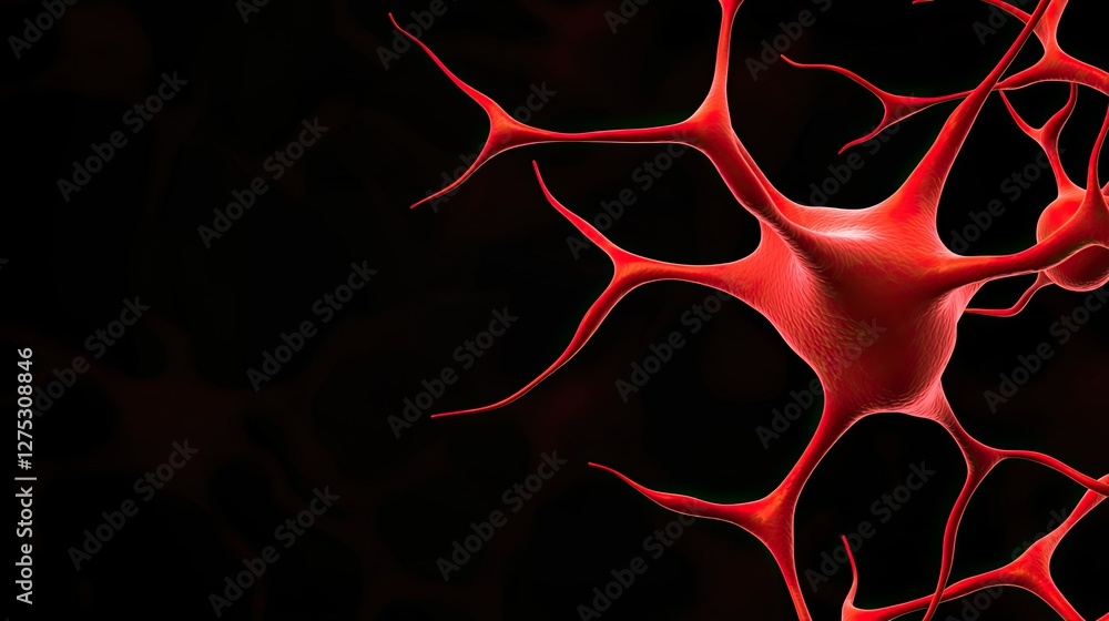 Poster a vibrant red neuron with branching dendrites against a dark background, illustrating the complexity