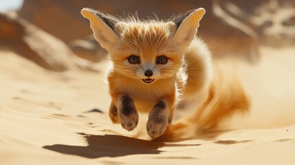 Fototapeta premium Desert Fennec Fox Kit Running, Dunes, Sunrise, Wildlife