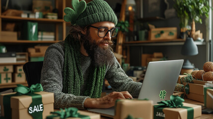 Person wearing a green hat with shamrocks, working on a laptop surrounded by St. Patrick’s Day decorations and boxes. AI Generated Images