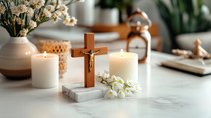 Wooden cross, candles, and white flowers arranged on a peaceful table with soft lighting. AI Generated Images