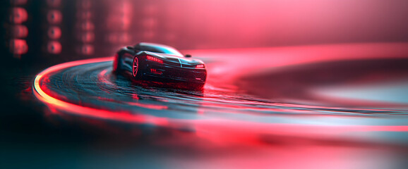 Obraz premium Futuristic sports car night drive, neon lights, city backdrop, website banner