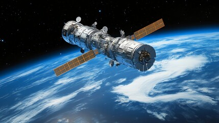 Fototapeta premium Spacecraft Orbiting Earth with Solar Panels and Blue Atmosphere