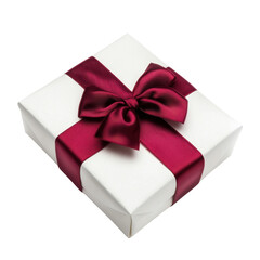 Obraz premium Elegant White Gift Box with Burgundy Satin Ribbon Bow on Top