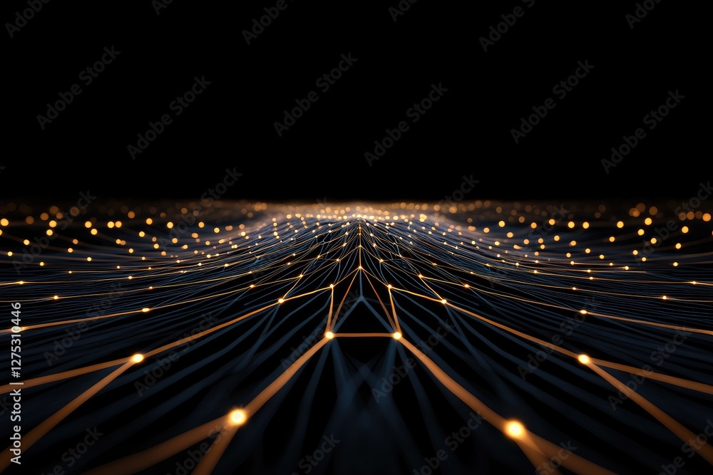 Poster a mesmerizing digital landscape featuring flowing lines and glowing points of light, creating an abs
