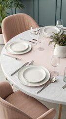 Minimalist Tabletop Setting with Marble Table and Blush Pink Accents