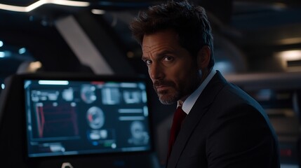 Serious businessman analyzing complex data on futuristic display screen
