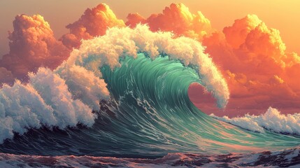 Dramatic ocean wave at sunset, powerful nature scene, possible use for background or wallpaper