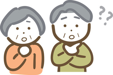 はてなマークと悩んでいるシニア夫婦(上半身)