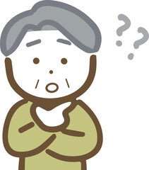 はてなマークと悩んでいるシニア男性(上半身)