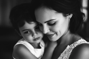 Fototapeta premium A beautiful young mother holds her child in her arms, standing at the window of the house. A cute Little Toddler is relaxing in his mother's arms as she shows him the busy streets of the city.