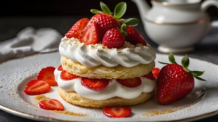 Strawberry cake dessert with whipping cream and a lots of strawberry toppings 