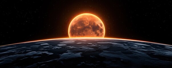 A stunning view of a glowing celestial body rising above a blue planet, set against a vast, dark space background.