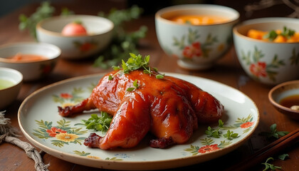 Provincial Peking duck recipe, antique porcelain dishes, rustic cuisine of Shandong province
