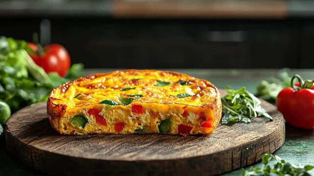 A colorful frittata served on a rustic wooden board.