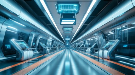 Obraz premium Futuristic Subway Station Interior with Sleek Design and Neon Lights